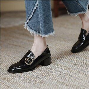 YDN Black Square Toe Loafers Slip on Block Low Heel Pumps Buckle Wear Shoes